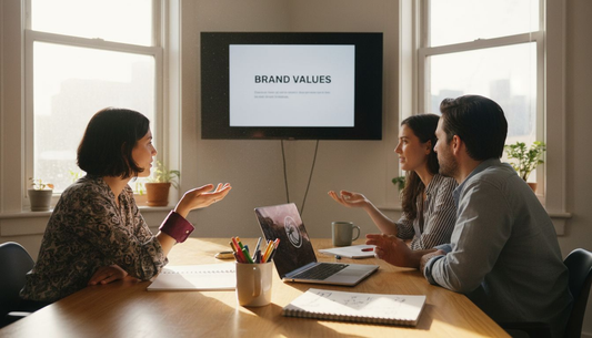 Team discussing brand values in sunlit office