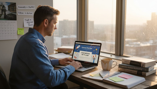 Entrepreneur at cluttered office desk with planner and spreadsheet