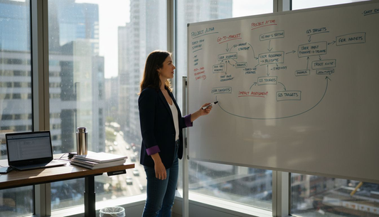 Entrepreneur brainstorming at office whiteboard