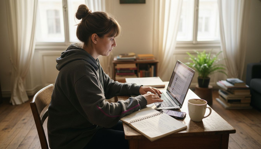 Solo creator at home desk with laptop and coffee
