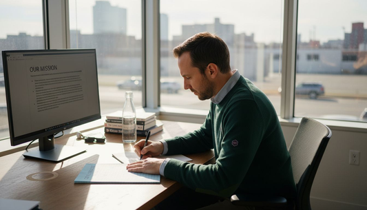 Founder writes mission statement in corner office