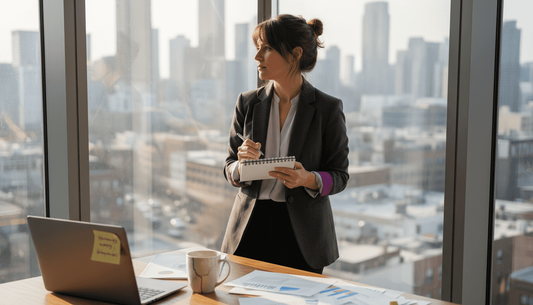 Entrepreneur jotting notes in sunlit business office