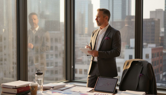 Business owner reflecting on vision at office window