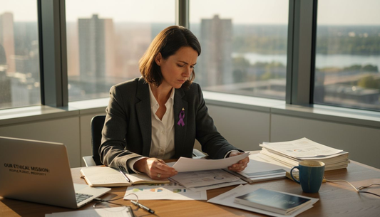 Founder reviewing ethical branding report office
