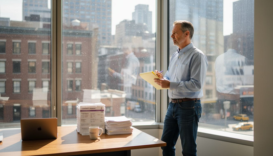 Founder notes in bright corner office