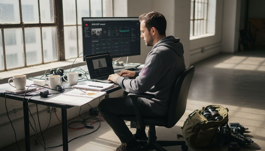 Creator editing video in bright loft workspace