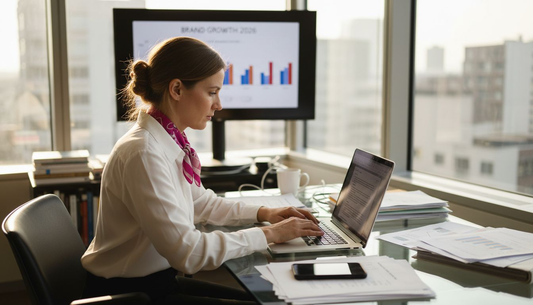 Marketing strategist at desk in corner office