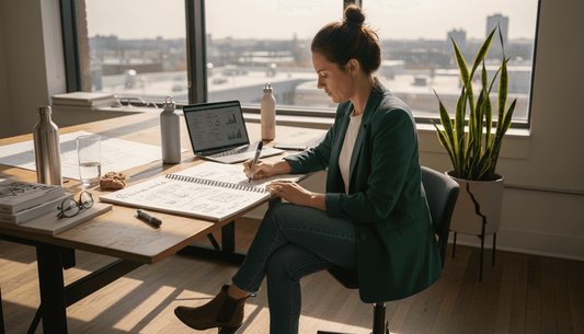 Entrepreneur brainstorming in sunlit corner office