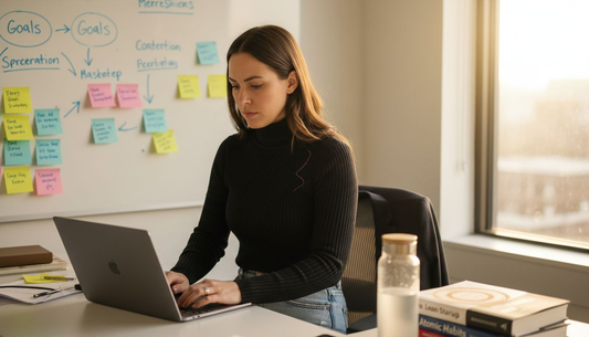 Entrepreneur at desk with mission board