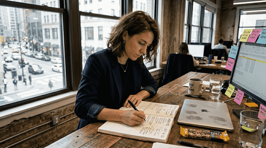 Entrepreneur planning in sunlit office workspace
