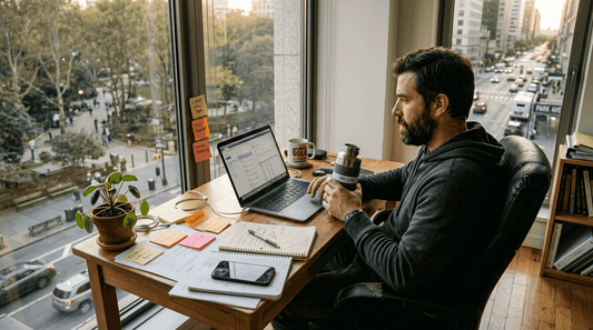Solopreneur working in corner office with sunlight