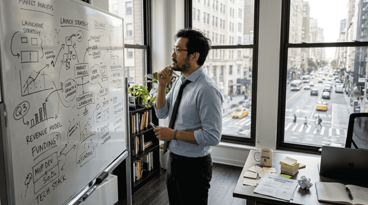 Founder reflecting on business vision in sunlight