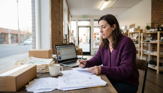 Small business owner reviewing invoices at desk