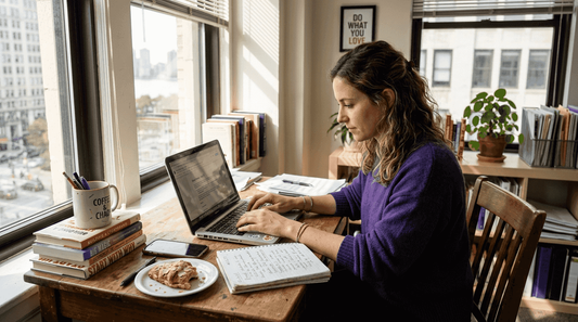 Solo entrepreneur working at desk with brand notes