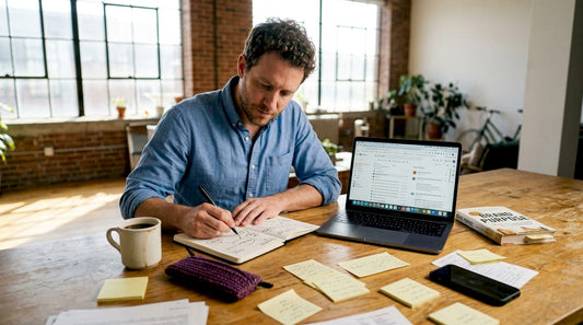 Entrepreneur sketching brand ideas at kitchen table