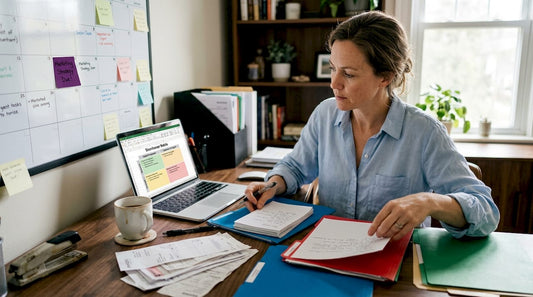 Small business owner sorting tasks at desk