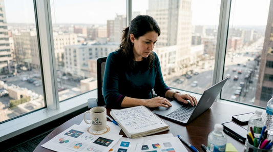 Brand strategist working in sunlit office on branding plan