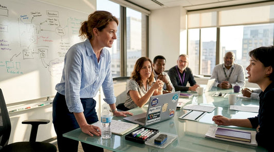 Leader guiding innovation in sunlit office meeting