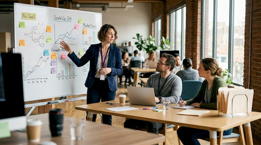 Team discusses sales positioning at whiteboard