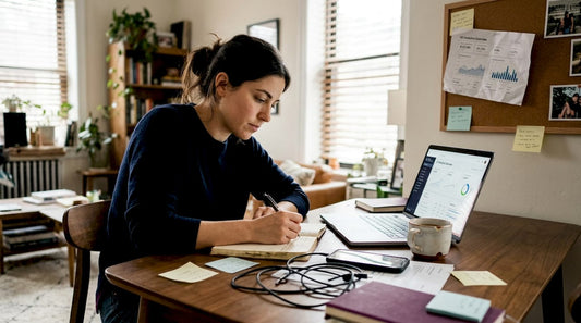 Entrepreneur journaling at workspace for growth