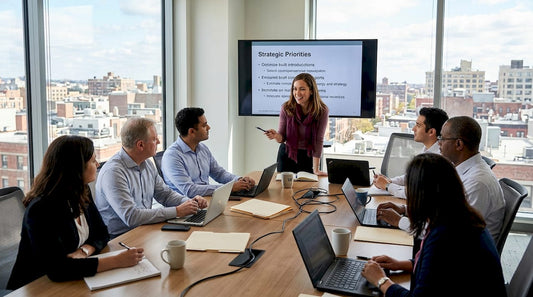 Business team discussing strategy around conference table