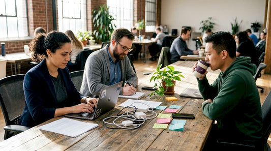 Startup founders collaborating in open workspace