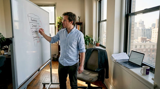 Founder mapping business strategy at whiteboard