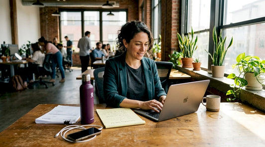 Entrepreneur sets sustainability goals at shared desk