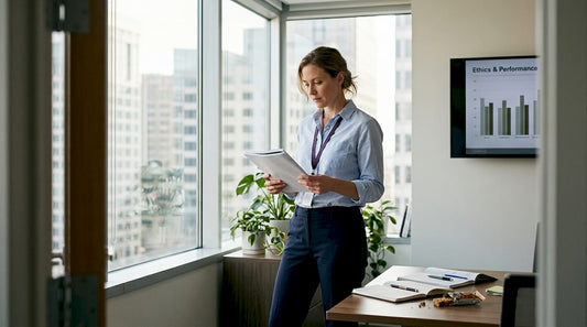 Business leader reviewing sustainability reports in office