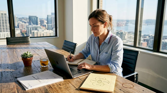 Businesswoman planning sustainable strategy at tabletop