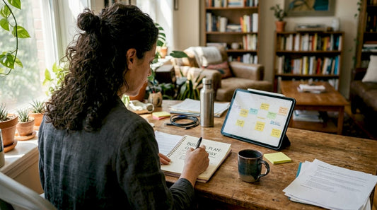 Entrepreneur reviewing plans in home office