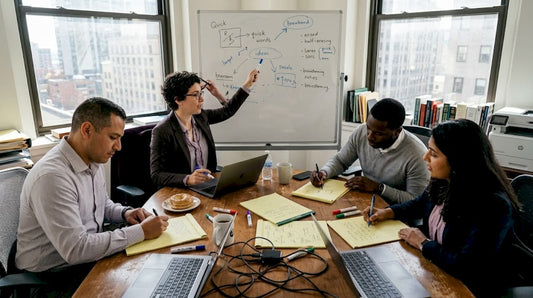 Team brainstorming in corner office with notes and whiteboard
