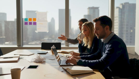 Team reviewing purpose at sunlight-lit table