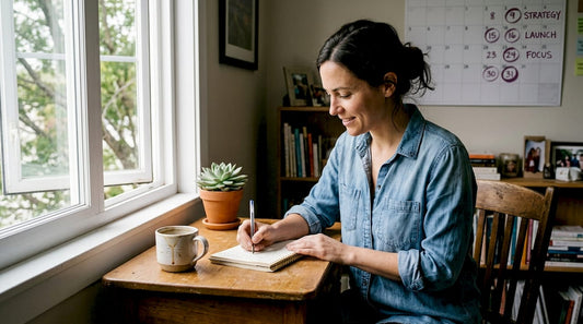 Entrepreneur writing purpose statement at home desk