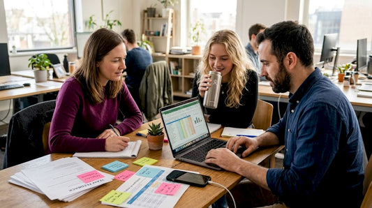 Small team collaborating in casual workspace
