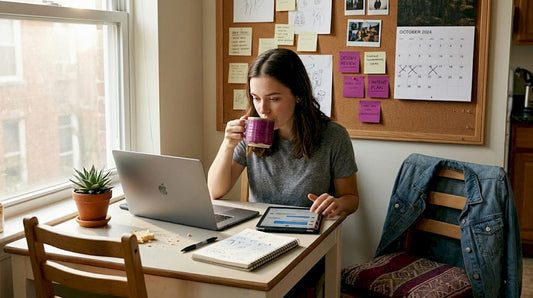 Creator chatting online at kitchen table