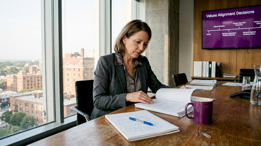 Business owner reviewing values decisions in office