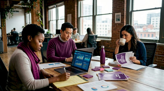 Team collaborating on marketing plans in workspace