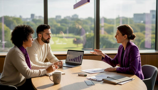 Team discussing values in sunlit glass office